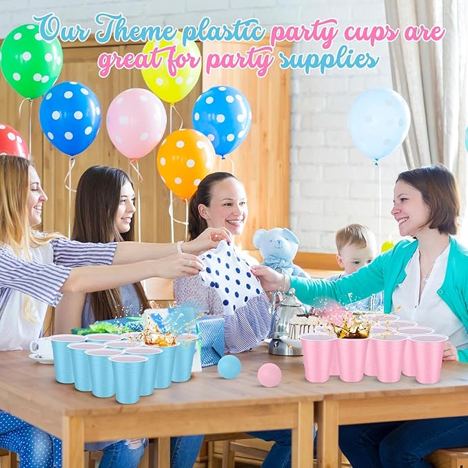32 Pcs Gender Reveal Party Game Set Include 16oz Pink Blue Plastic Cups with 8 Balls, Cups for Party Decor Juice Beverage Outdoor Toss Game Supplies