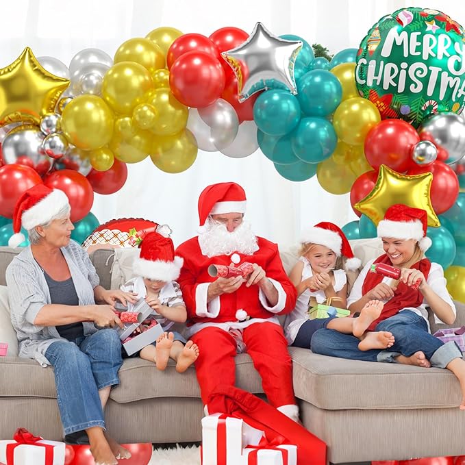 Christmas Balloon Arch Kit, Pearl Red Teal Blue Gold Silver Balloons Garland Arch with Metallic Silver Balloons, Round Garland Santa Claus Stars foil Balloon for Christmas New Year Party Decorations