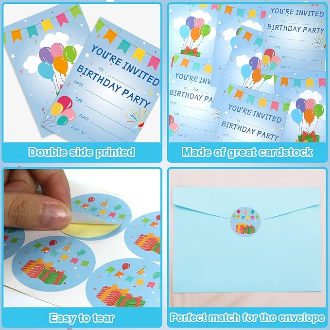 30 Pack Birthday Party Invitations Set Boys Girls Kids Invite Cards with Envelopes Printed Birthday Invitations Supplies with Sticker Labels Decorations for Surprise Party Baby Shower Boys Party