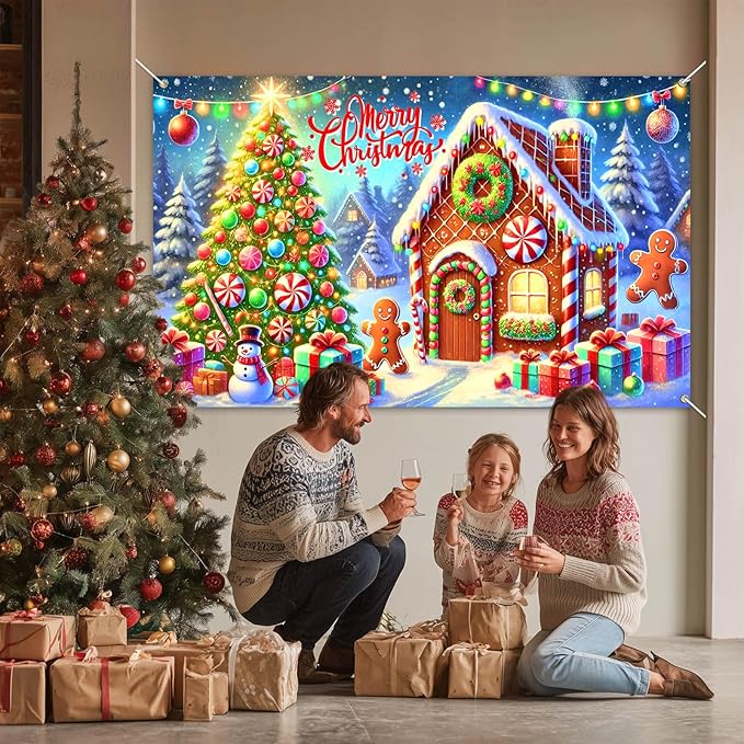 Gingerbread Christmas Backdrop 71x43 Inches Snowman Tree Scene Banner Holiday Photography Background Indoor Outdoor Merry Christmas Decoration for Wall Party Display