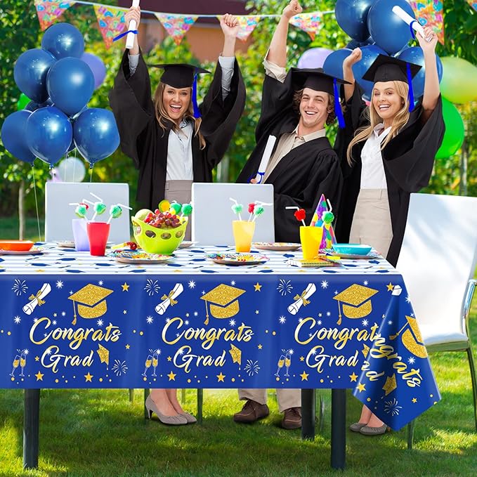 Graduation Tablecloth Party Decorations 2026 3 Pack Blue Large Size 54"x108" Congrats Grad Disposable Rectangle Table Covers Plastic Table Cloth for College High School Class of 2026 Party Supplies