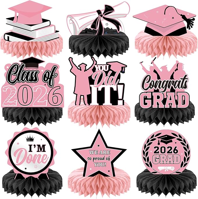 Yisong 9 Pieces 2026 Graduation Party Table Decorations Class of 2026 Congrats Graduation Centerpieces for Tables Congratulate Honeycomb Centerpiece Topper for Grad Party Supplies (Pink, Black)