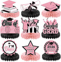 Yisong 9 Pieces 2026 Graduation Party Table Decorations Class of 2026 Congrats Graduation Centerpieces for Tables Congratulate Honeycomb Centerpiece Topper for Grad Party Supplies (Pink, Black)