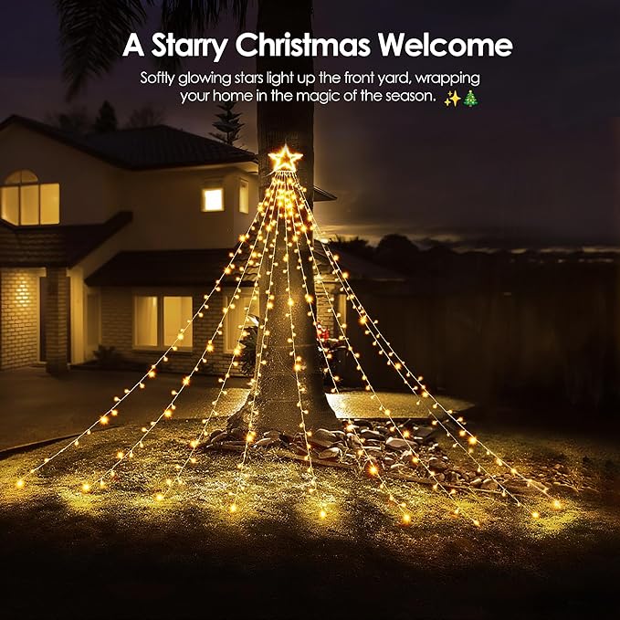 WBao Outdoor Christmas Decorations with Star Topper, 344 LED 11.9ft Color Changing Christmas Lights, Remote Control 11 Modes, Timer, UL Listed Waterproof for Tree Roof Porch, Warm White & Multicolor