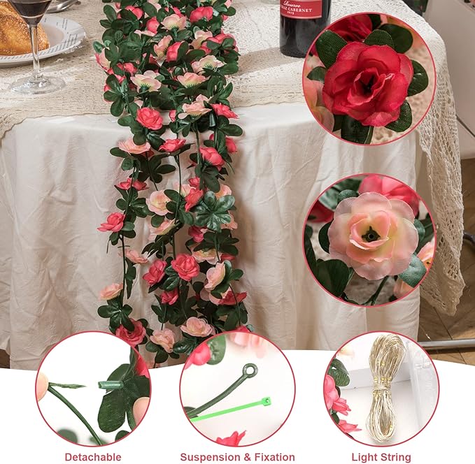 MARTINE MALL Flower Garland Rose Vines, 2 Strands 16.5Ft Flowers Vines for Bedroom with 16.5 Ft/50 LED String Lights, Hanging Flower Vines Floral Garland Decorations for Room Table Wedding Decor