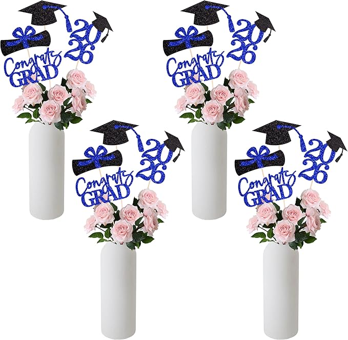 16PCS Graduation Decorations Class of 2026 Congrats Grad Table Centerpieces, 2026 Table Toppers Party Favor Centerpiece Sticks Party Supplies, Set of 4 (Blue, Black)