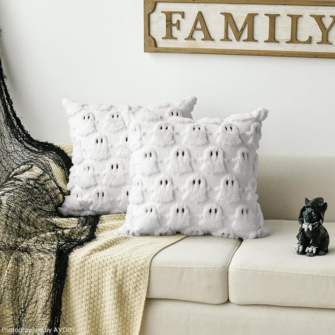 AVOIN colorlife Halloween Ghost White Throw Pillow Cover Set of 2, 18 x 18 Inch Soft Plush Faux Fur Jacquard Spooky Cushion Case Decoration for Sofa Couch