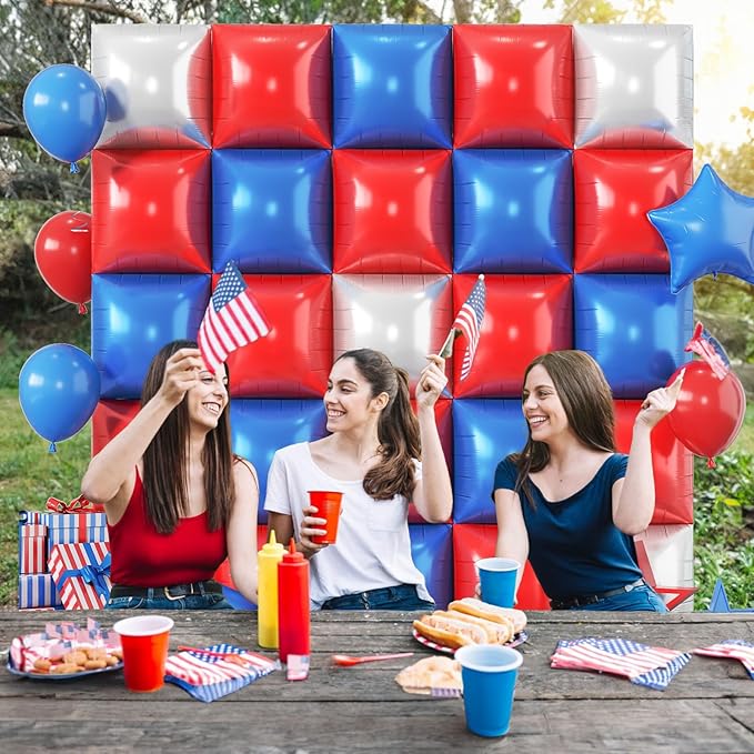 Blue Red Square Balloon Foil, 25PCS Double Sided Royal Blue Red and Metallic Silver Square Foil Balloon Backdrop Wall for 4th of July Independence Day Memorial Day Baseball Sport Birthdays Graduation