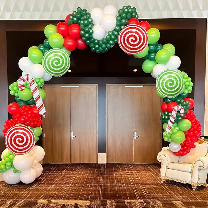 Christmas Balloon Arch, Red Green Xmas Balloon Garland Kit with Foil Candy Cane Lollipop Swirl Candy Balloons, Red Dark Lime Green Balloons for Merry Christmas Party New Year Holiday Birthday Decor