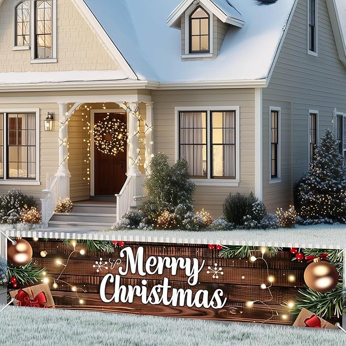 Outdoor Merry Christmas Hanging Banner 78.7x17.7 Inches Christmas House Fence Banner Decoration Holiday Party Supplies Vintage Xmas House Garaged Indoor Outside Christmas Party