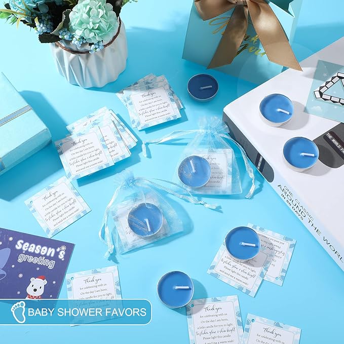 50 Sets Baby Shower Party Favors Including 50 Pcs Unscented Tealight Baby Shower Candles Gift Bags Cards for Gender Reveal Party Supplies(Blue)