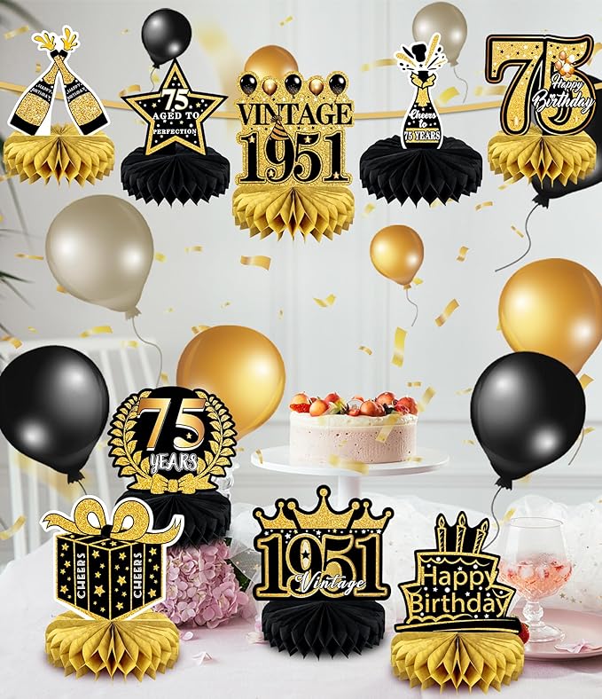 9 Pcs 75th Birthday Decoration 75 Birthday Party Decorations for Men Women 75 Years Birthday Tables Decorations Cheers to 1950 Centerpieces Honeycomb Black and Gold 75th Birthday Party Favors