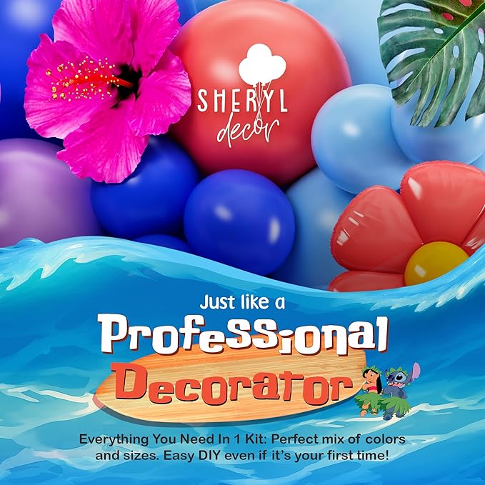 ALL-IN-1 Blue Alien Balloon Arch Kit with BONUS Palm Tree & Tropical Flowers for Cute Space Creature Theme Kids Birthday, Baby Showers & Outer Space Parties - Tropical Blue Monster Party Decorations