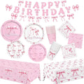 Pink Bow Happy Birthday Decorations Set for 24: Bachelorette Party Supplies Kit with Dinner & Dessert Plates, Napkins, Cups, Banner, Tablecloth - for Women's Tea Birthday Party Decorations