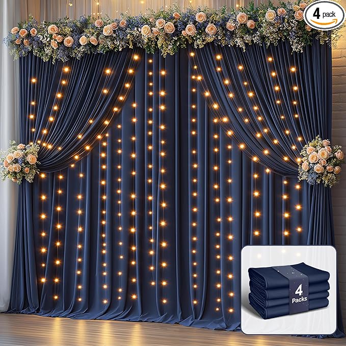 20 x 10ft Navy Blue Backdrop Curtains with Lights String Wrinkle Free Polyester Photo Backdrop Drapes Soft Fabric Curtains for Graduation Birthday Parties Wedding Shower Reception Events-5 x 10ft x 4P