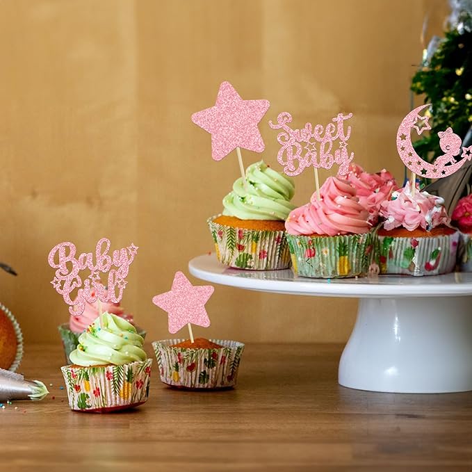 Gyufise 24Pcs Pink Glitter Baby Girl Cupcake Toppers Star Moon Sweet Baby Shower Cupcake Picks Baby Shower Girls Birthday Party Cake Decorations Supplies