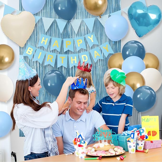 Blue Birthday Decorations,Blue Party Decorations with Dusty Blue White Sand Gold Balloons Happy Birthday Banner Fringe Curtain Light Blue Birthday Party Decor for Boy Kids Baby Men