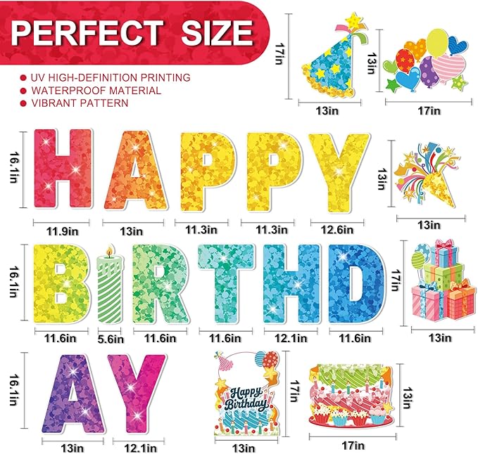 Happy Birthday Yard Sign Outdoor Decorations - 19 PCS Set with 16" Letters, 30" Large Cake Sign on H-Shaped Metal Stand, 32.8 Ft LED Lights & Stakes for Lawn Garden Happy Birthday Yard Sign With Stakes