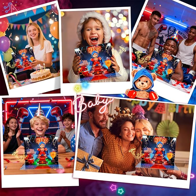 Birthday Cards with Music & Lights, 3D Pop Up Boxing Bear Hero Greeting Card, Unique Birthday Gift For Dad, Son, Father, Kids, Includes Envelope & Message Card