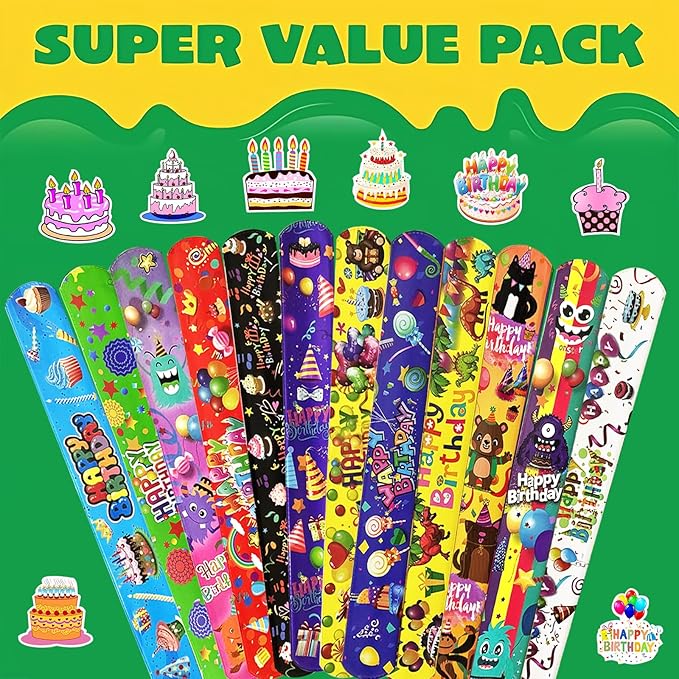 74PCS Happy Birthday Slap Bracelets&Stickers Birthday Theme 24PCS Slap Bracelets 50PCS Stickers Party Favors Basket Bag Filler School Prizes Gifts Party Favors Bulk