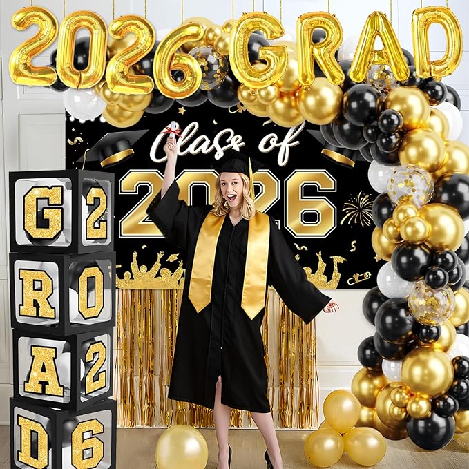 Graduation Decorations Class of 2026-123pcs Black Gold Graduation Party Decorations include Balloon Boxes with Letters, Balloon Arch Kit and Backdrop for 2026 Grad Party Supplies