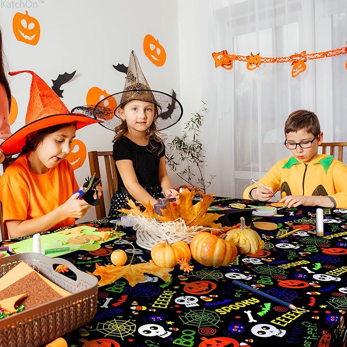 KatchOn, Plastic Halloween Tablecloth- XtraLarge 54x108 Inch, Pack of 3 | Plastic Table Cover for Halloween Decorations Indoor | Spooky Table Cloth, Spooky Party Decorations | Happy Boo Day TableCloth