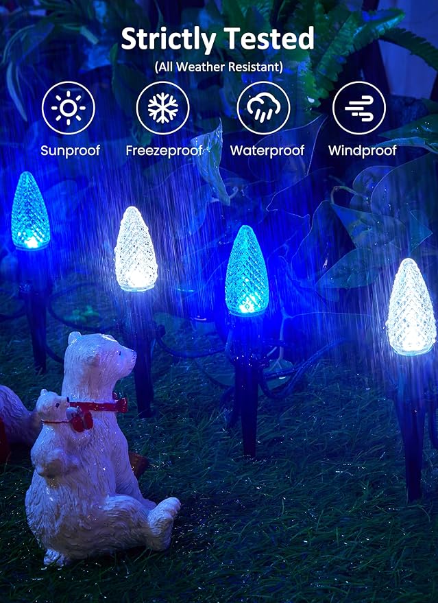 C9 LED Christmas Lights Outdoor with stakes, 25.7ft 20 LED Strawberry String Lights, Connectable Shatterproof Pathway Lights Marker for Path, Lane, Patio, Xmas Holiday Decorations, Blue and White