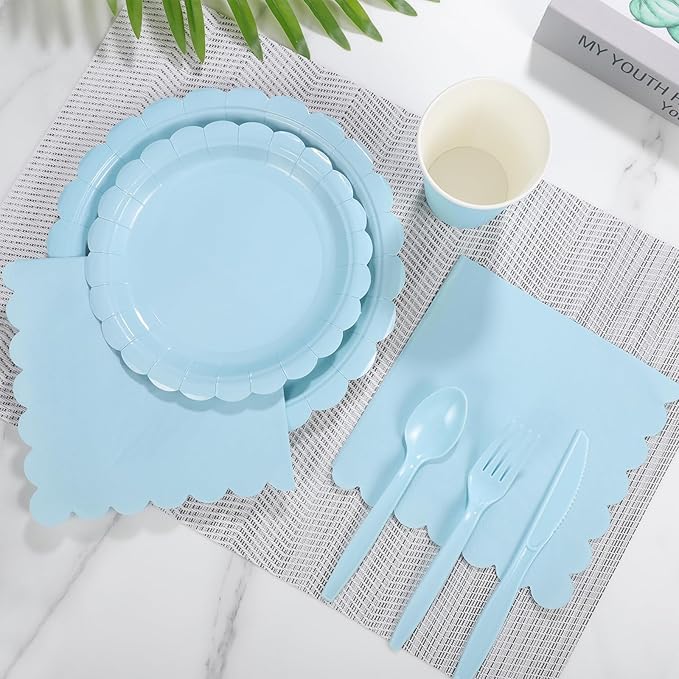 175 Pcs Light Blue Paper Plates and Napkins, Boy Baby Shower Decorations Include Light Blue Scalloped Plates Napkins Cups Plastic Spoons Forks Knives for Birthday, Bridal Shower, Wedding,