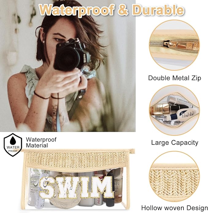 Iqimott Clear Patch Makeup Letter Bag, Boho Letter Bag for Beach Swim, Waterproof Zipper Make up Bags Toiletry Pouch for Women Girls, Clear Patch Cosmetic Bags Organizer Pouch for Travel(Swim, Beige)