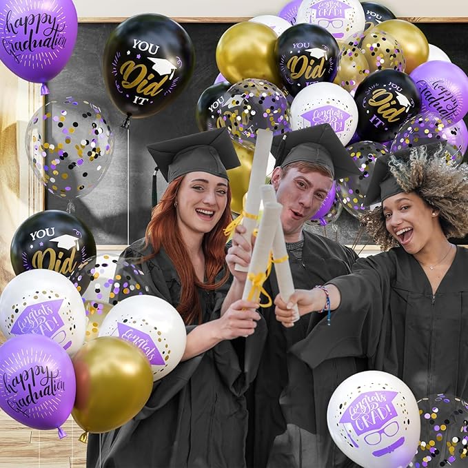 OuMuaMua 74 Pack Graduation Party Decorations Balloons Set - 12 Inch Black Purple Metallic Gold White Confetti Graduation Balloons for Class of 2026 Grad Birthday Party Decor Supplies