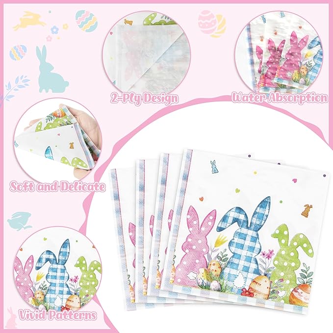 QZYL 120Pcs Easter Plates and Napkins, Disposable Easter Decorations Dinnerware for 30 Guests, Colorful Spring Bunny Paper Plates and Napkins, 9″ and 7″ Tableware for Easter Party Favors Spring Event