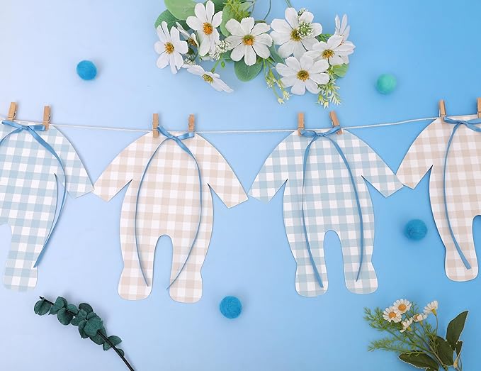Blue and Cream Baby Onesie Garland – 8 PCS Big Size Baby Shower Banner, Baby Clothesline Garland, Blue Plaid Baby Bodysuit Cutouts for Gender Neutral Baby Shower or Nursery Decor