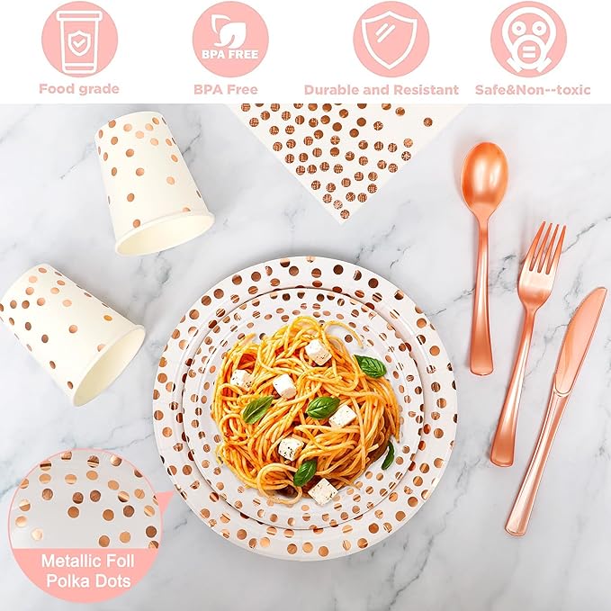 White and Rose Gold Party Supplies, 175 Pcs Disposable Dinnerware Set Serves 25 White Rose Golden Dot Plates Cups and Napkins Gold Plastic Forks Knives Spoons Party Supplies for Birthday Wedding