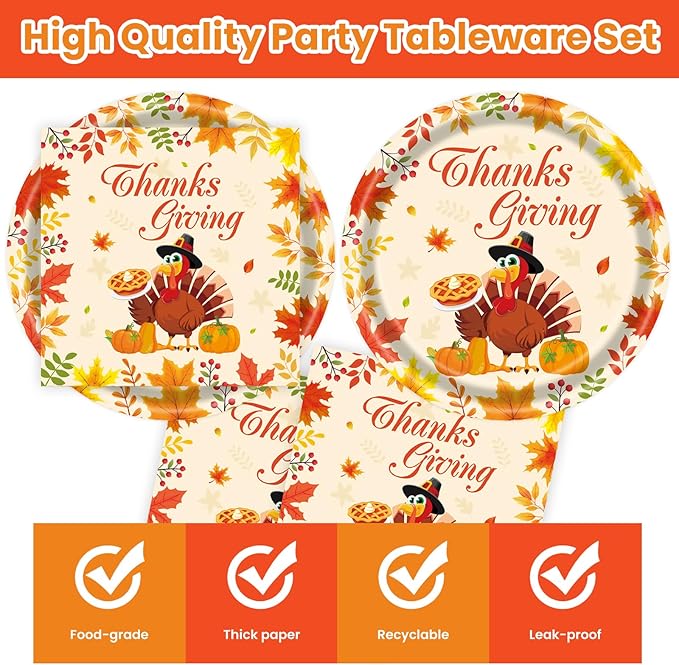 40Pcs Thanksgiving Paper Plates and Napkins Party Supplies, Disposable Fall Turkey Plates Napkins Dinnerware Set for Autumn Theme Friendsgiving Party Decorations