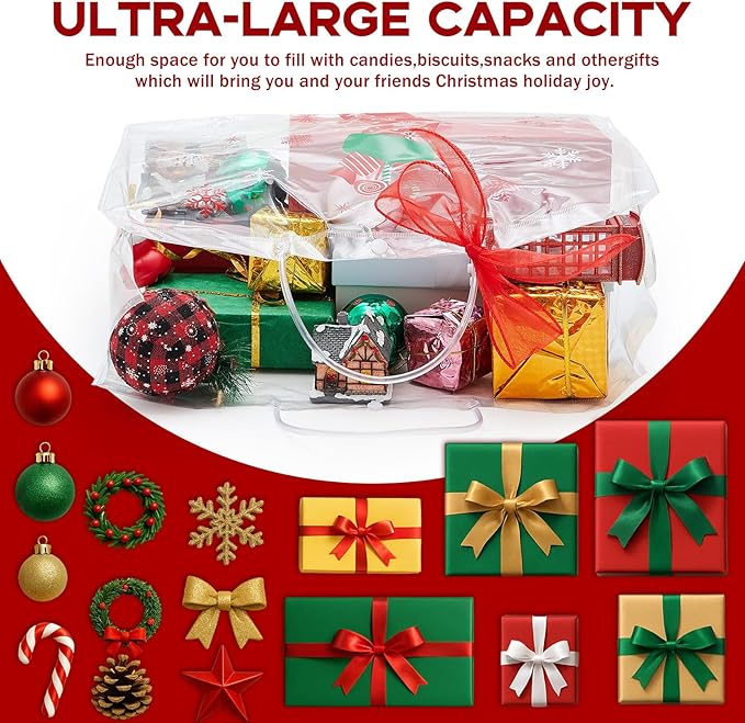 Henoyso 8 Pcs Christmas Clear Gift Bags Plastic Candy Treat Goodie Bags Red Foil Santa PVC Wrap Totes with Handles and Ribbon Xmas Party Favors (Christmas Tree,Socks,16x 6x 12 Inch)