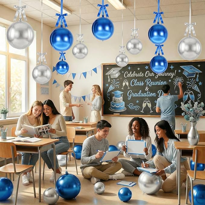 Togvu Blue Silver Round Foil Balloons, 16PCS Different Sizes 4D Metallic Balloon Large Sphere Mirror Ball Balloons for Prom Graduation New Year Birthday Party Wedding Ceiling Decorations Supplies