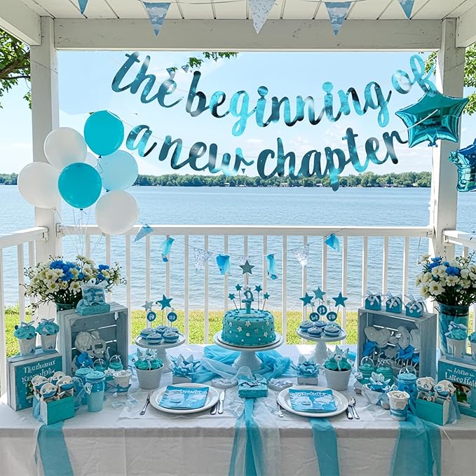 BEISHIDA Double-Sided Lake Blue The Beginning of A New Chapter Banner,Farewell Book Themed Housewarming Party Congratulations Decorations,Going away party Retirement Garland,Graduation Sign 2026 Banner