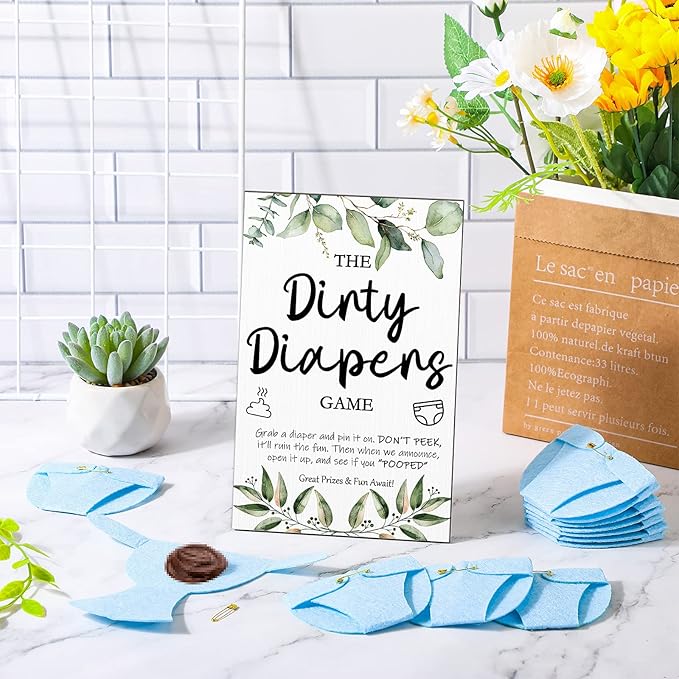 Roowest 51 Pcs Dirty Diaper Baby Shower Games Funny Wooden Sign with 50 Pcs Mini Diapers Cute Felt for Gender Reveal Party Baby Shower(Greenery Blue)