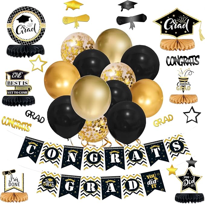 Gold Graduation Party Decorations - Balloons Graduation Decor Supplies with Table Scatter Centerpieces and Congrats Grad Banners for College Girls and School (Black + Gold)