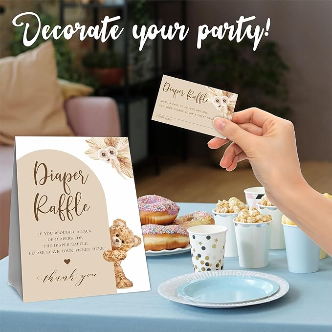 Diaper Raffle Game Set For Baby Shower, Boho Bear Arch, 1 Standing Sign & 50 Raffle Tickets, Baby Shower Game Kit, Gender Reveal Party Supplies - A04
