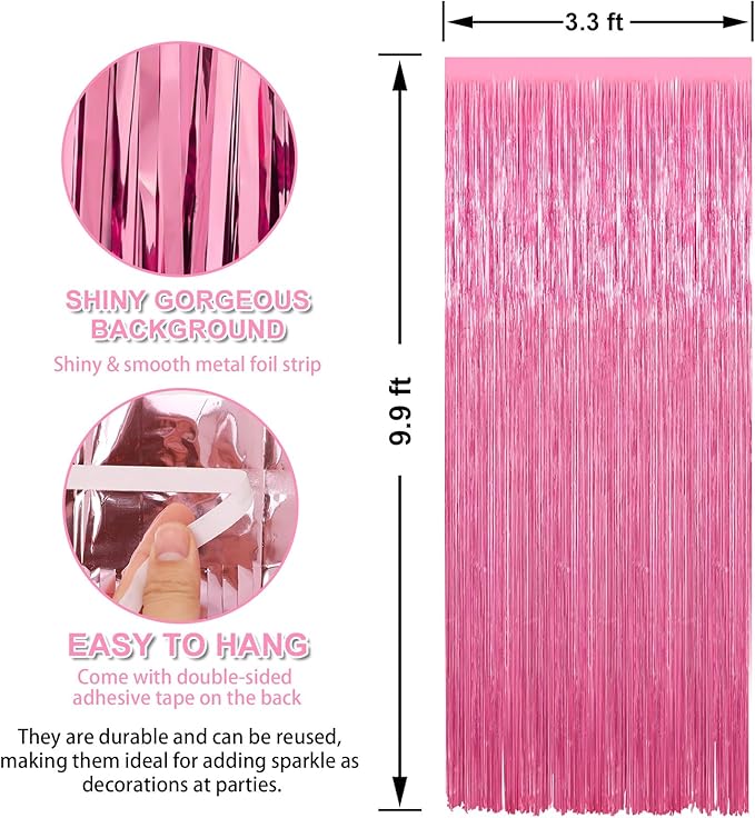 Crosize 4 Pack 3.3 x 9.9 ft Pink foil Fringe Curtains Party Decorations, Pink Tinsel Curtain Backdrop for Valentine‘s Day Parties, Door Streamers, Glitter Streamer Fringe Backdrop for Birthday