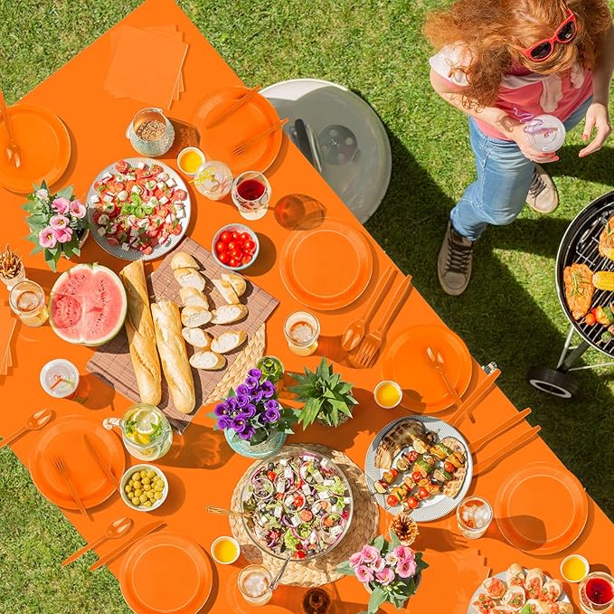 TWOWYHI 229PCS Orange Party Supplies Set Paper Disposable Plates Cups Plastic Spoons Forks Knives Orange Napkins for 30 Guests Disposable Party Dinnerware Sets for Wedding Birthday Parties