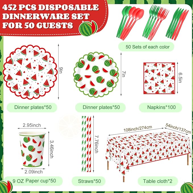 Ceenna 452 Pcs Watermelon Birthday Party Supplies for 50 Guests, Cute Fruit Paper Plates Napkins Cups Tablecloth Cutlery Straw Disposable Tableware for Summer Birthday Baby Shower Party Decoration