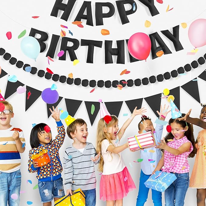 CANREVEL Pre-Strung 3D Rainbow Happy Birthday Banner, 3 PCS Happy Birthday Felt Sign, Pom Pom Garland, Triangle Fabric Bunting, Colorful Reusable Birthday Decorations for Women Men Girls Boys, Black