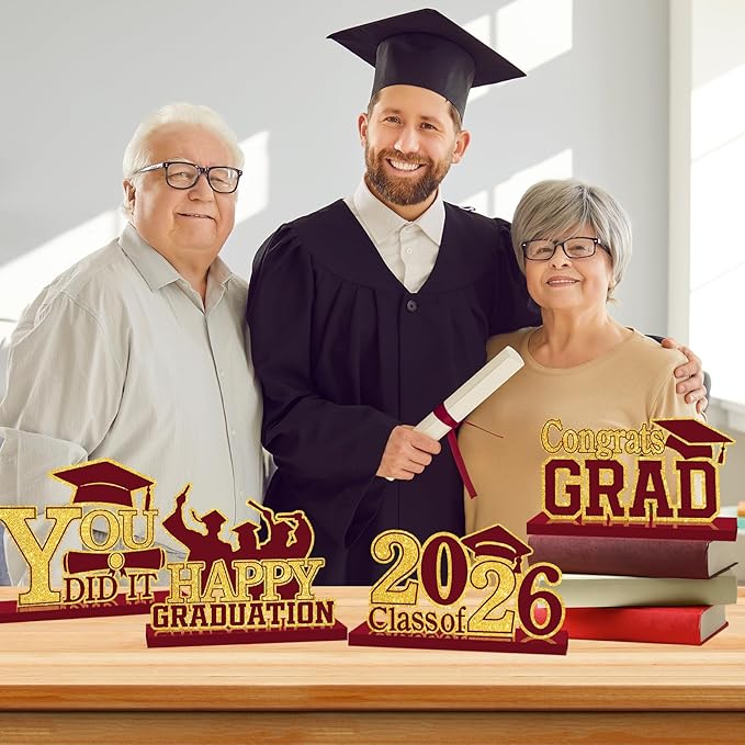4Pcs Graduation Decorations Class of 2026 Wood Table Centerpieces Congrats Grad Wooden Sign Graduation Table Toppers Congratulate Tiered Tray Decor for 2026 Graduation Party (Maroon-Gold)