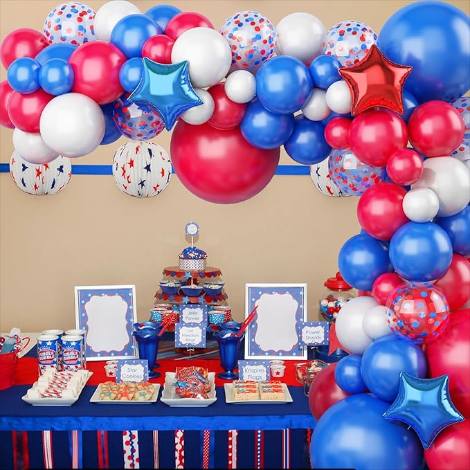 138PCS Red White and Blue Balloon Garland Arch Kit, 18 12 10 5 inch Red and Blue White Balloon Garland with Stars for 4th of July Decorations Birthday Baseball Veterans Memorial Patriotic Day