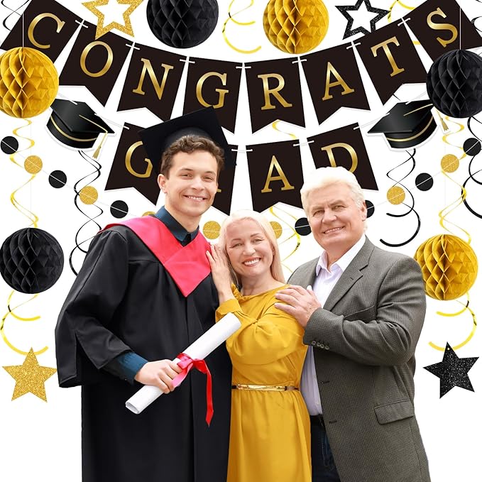 Black and Gold Congrats Grad Banner 2026 Graduation Decorations with Hanging Swirl Honeycomb Ball Circle Garland Grad Party Favor Supplies for College Senior High School Classroom Decor