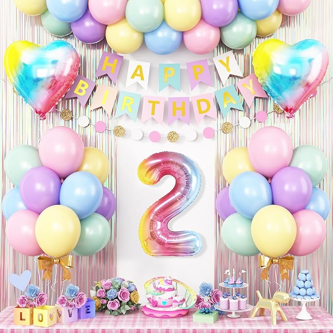 2nd Birthday Decorations Rainbow,Gradient Number 2nd Balloon,Pastel Happy Birthday Banner Fringe Curtain Heart Foil Balloons Boys Girls 2 Year Old Decor