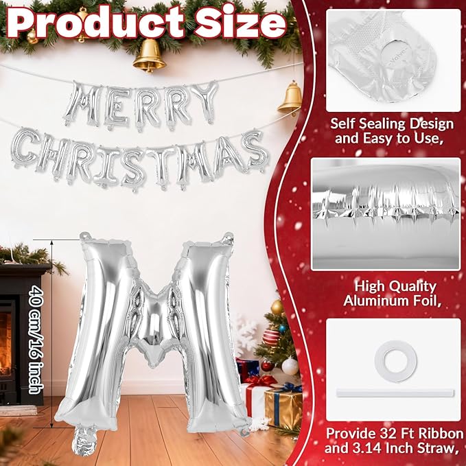 Silver Merry Christmas Letter Balloons Banner, Merry Christmas Foil Xmas Balloon for Xmas Party Decorations (Silver)