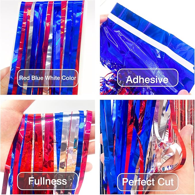MYUPDALIN 2 Pack 4th of July Decorations - Tinsel Foil Fringe Red White and Blue Backdrop Patriotic Party Memorial Day Independence Day Labor Day, Veterans Day Party Decorations